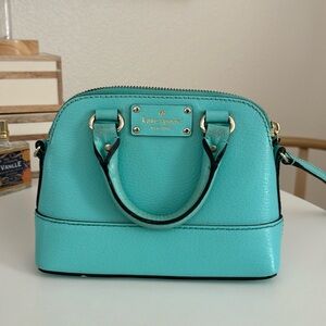 Mini Kate Spade light teal leather textured satchel purse